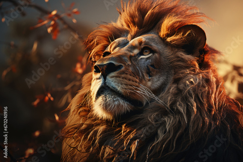 Double exposure professional portrait  lion head in profile fills the frame. AI generative