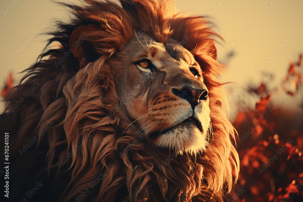 Fototapeta premium Double exposure professional portrait, lion head in profile fills the frame. AI generative