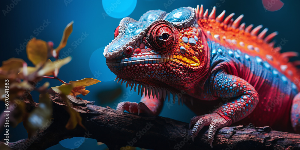 portrait of a colorful  iguana sitting on a branch