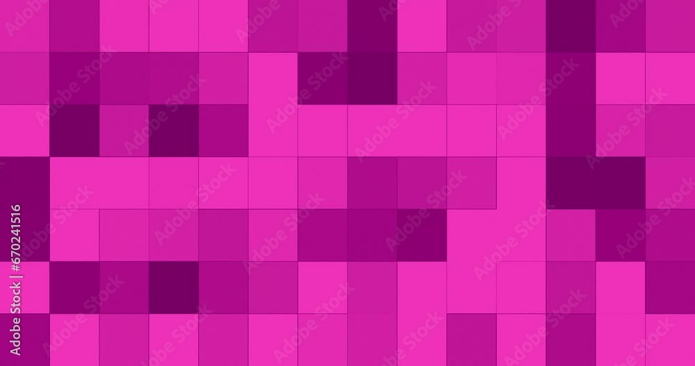 Square shapes placed together forming a grid flashing and changing color creating an effect of moving and morphing pixels. Pink color Square grid moving and blinking slowly changing color.