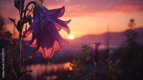 A Celestial Campanula set against a breathtaking sunset, with the vibrant flower silhouetted against the warm, dusky sky. photo