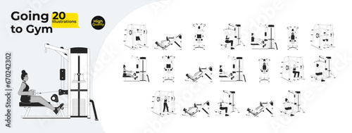 Workout gym people black and white cartoon flat illustration bundle. Bodybuilding sports 2D lineart characters isolated. Stretching. Bodybuilder machines monochrome vector outline image collection