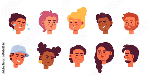 Diverse podcasters bloggers 2D vector avatars illustration set. Millennial host event cartoon characters faces portraits collection. Gen z flat color user profiles images isolated on white background