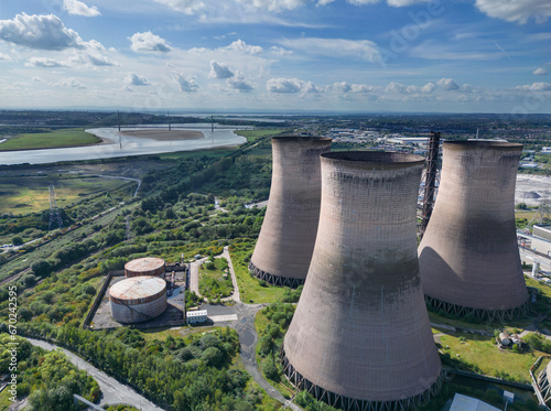 Liverpool, Merseyside, UK, September 13, 2023; aerial view of the abandoned disused former Fiddler’s Ferry coal fired Power Station and cooling towers near Liverpool, England, UK. photo