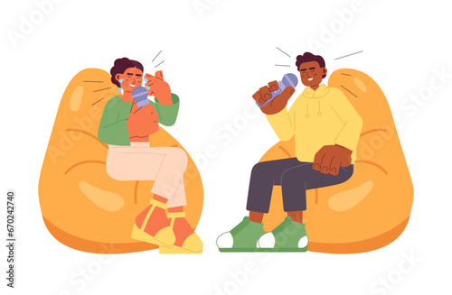 Comedy podcast cartoon flat illustration. Stand up comedians microphones laughing people 2D characters isolated on white background. Comedy show hosts mic in studio scene vector color image