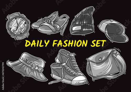 Pattern illustration with tools, tags, words, style, spray paint, emoji, fresh and monochrome