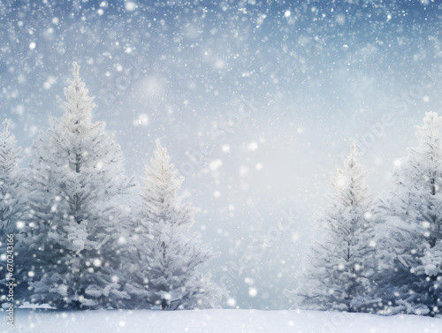 Abstract Christmas card background with winter wonderland. Lush Christmas trees covered with fluffy white snow and snowflakes falling from the sky, covering the ground in a magical winter scene.