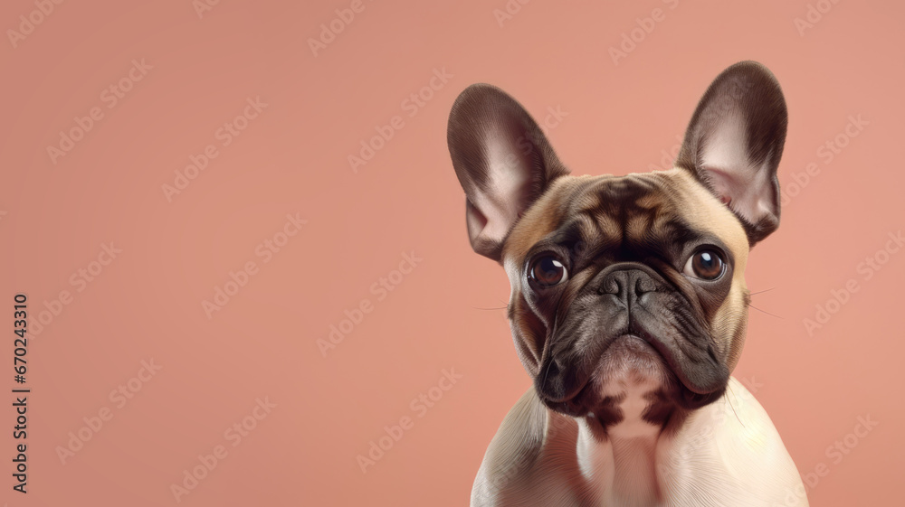 Advertising portrait, banner, sad and serious pug dog, looks straight, isolated on light red background - obrazy, fototapety, plakaty 