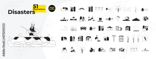 Natural disasters urban black and white cartoon flat illustration bundle. Apartment buildings destroyed, trees linear 2D objects, characters isolated. Catastrophe monochromatic vector image collection