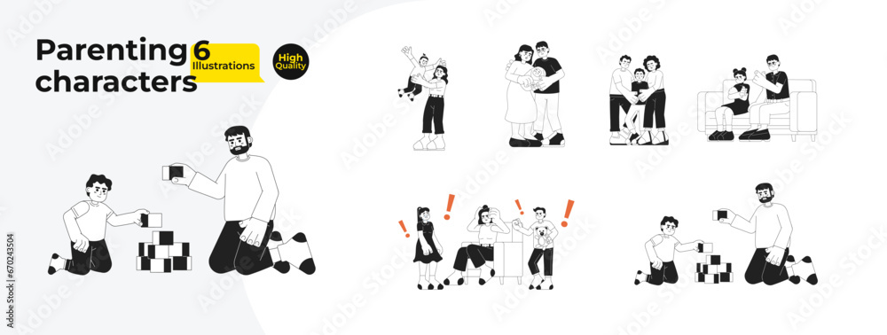 Children parenting black and white cartoon flat illustration bundle. Multicultural family linear 2D characters isolated. Motherhood parenthood challenges monochromatic vector image collection Children parenting black and white cartoon flat illustration bundle. Multicultural family linear 2D characters isolated. Motherhood parenthood challenges monochromatic vector image collection