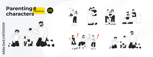 Children parenting black and white cartoon flat illustration bundle. Multicultural family linear 2D characters isolated. Motherhood parenthood challenges monochromatic vector image collection