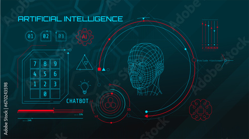 Built-in artificial intelligence in a technology circle with a 3D head on a abstract background.