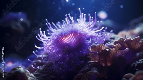 An Amethyst Anemone lit by bioluminescent creatures, casting an enchanting glow in the deep sea. © Anmol
