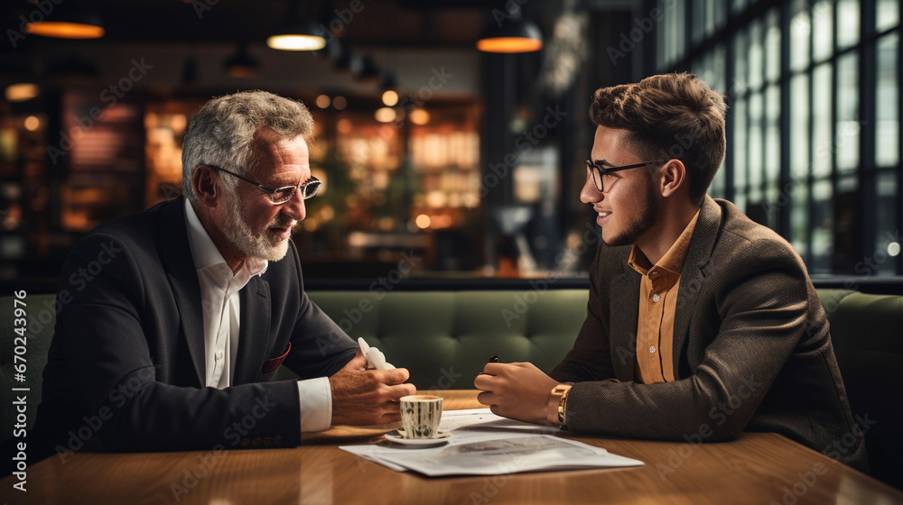 A manager mentoring a younger colleague in a mentorship session, providing guidance and support.