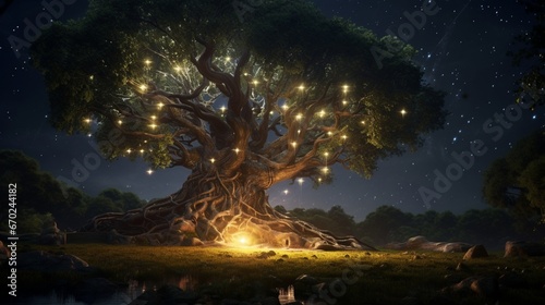 An ancient Myrtle tree with roots that seem to reach into the very heart of the earth, surrounded by fireflies. © Anmol