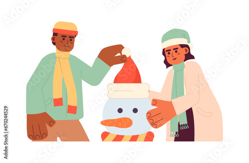 Winter clothes friends making snowman 2D cartoon characters. Interracial couple having fun together isolated vector people white background. Leisure activity wintertime color flat spot illustration