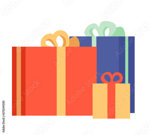 Three presents stacked 2D cartoon object. Christmas holiday stack of packages isolated vector item white background. Happy birthday ribbon giftboxes congratulations color flat spot illustration