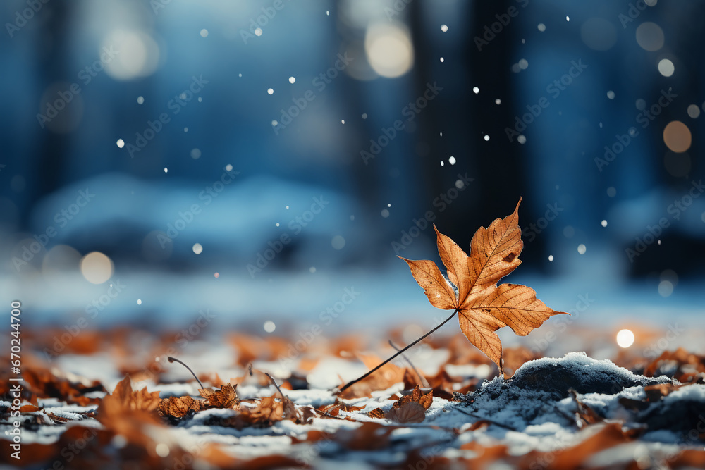 Snowfall softening the faded leaves scattered across a forest floor. AI generative