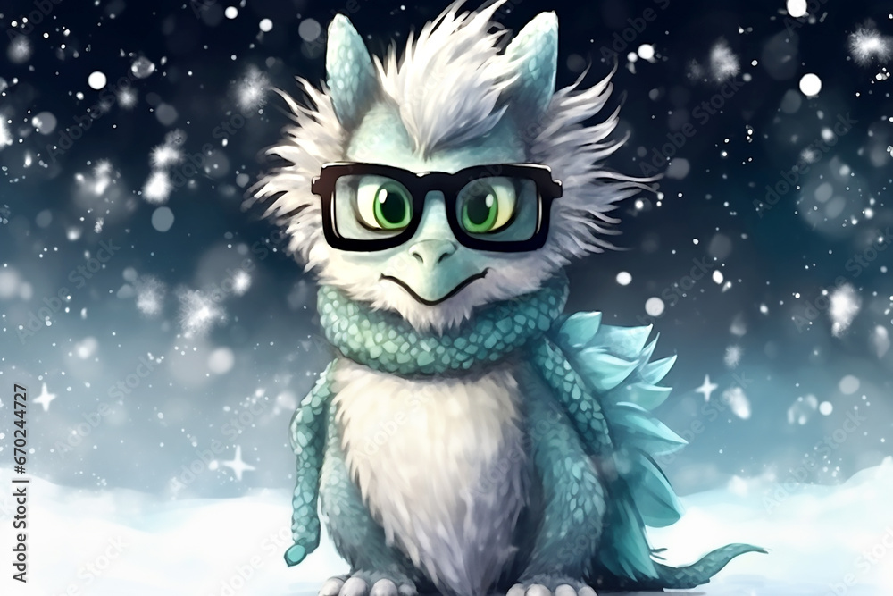 Baby green dragon on New year background.
