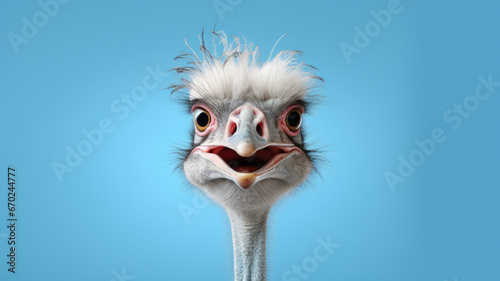 Advertising portrait, banner, funny gray wool colorostrich, looks straight, isolated on blue background