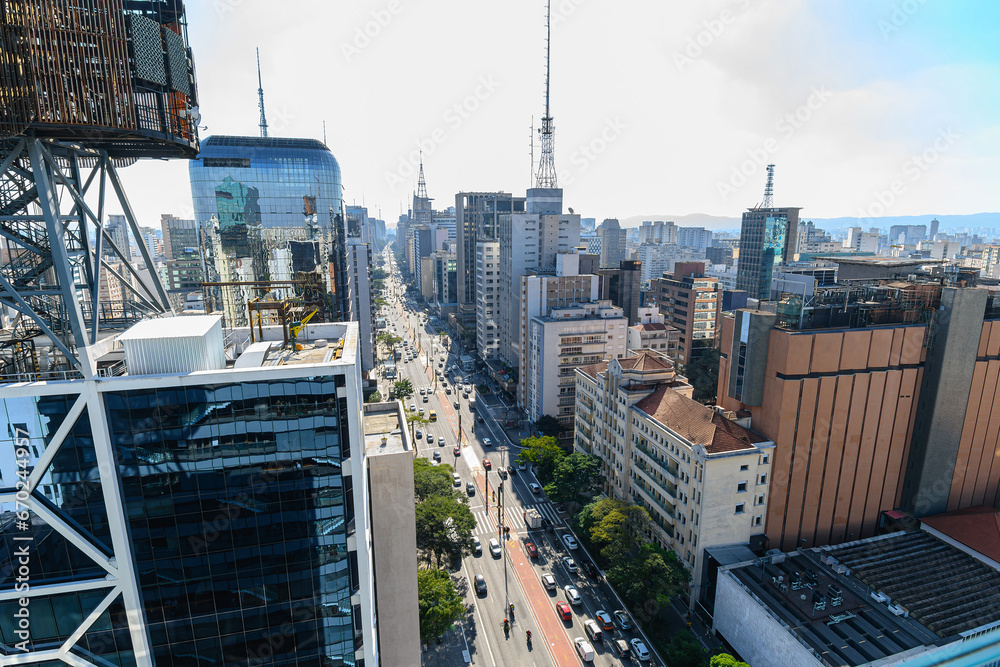 Fototapeta premium Aerial view of the downtown of Sao Paulo city at Paulista avenue, famous destination of Sao Paulo - SP, Brazil.