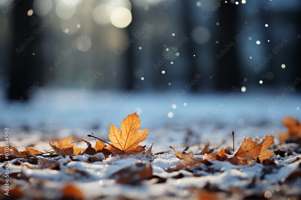Snowfall softening the faded leaves scattered across a forest floor. AI generative Snowfall softening the faded leaves scattered across a forest floor. AI generative