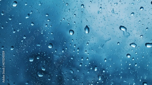 Water and rain drops on the glass, abstract view, Drops of rain on blue glass background : drops on glass after rain