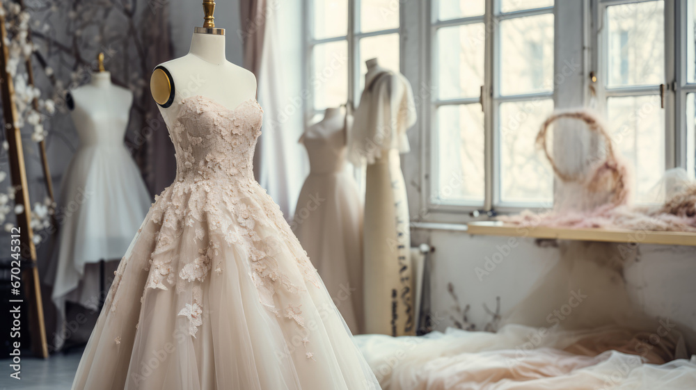Gentle powdery colors wedding dress on a mannequin in a designer's studio with flowers and much light Gentle powdery colors wedding dress on a mannequin in a designer's studio with flowers and much light