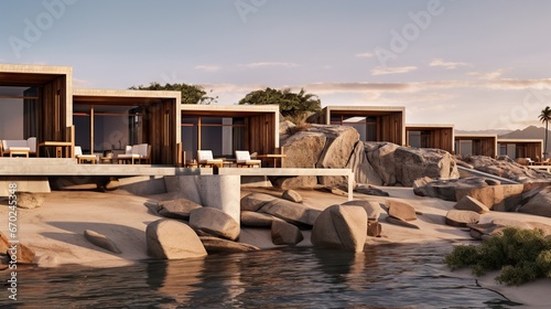 A photograph of Architecural beach resort bungalows in style of amangiri resort in the middle 