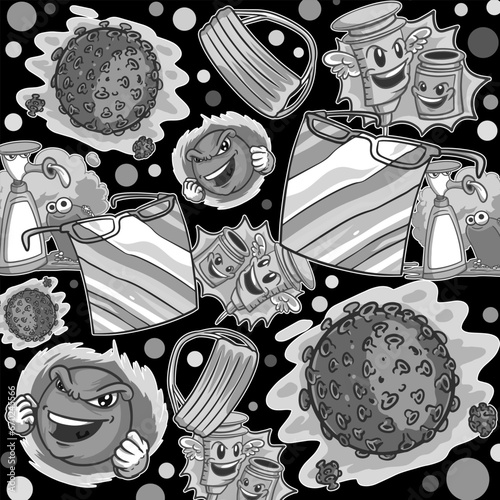 Pattern illustration with tools, tags, words, style, spray paint, emoji, fresh and monochrome