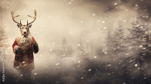 クリスマスに現れたサンタクロースの服を着たトナカイ　生成 AI © chobopapa