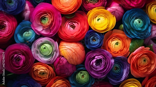 An artistic composition featuring a cluster of high-detailed Rainbow Ranunculus in full ultra HD 8K  creating a beautiful contrast of colors.
