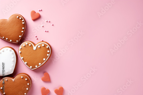 Homemade valentine cookies on pastel pink background with copy space. Gingerbread hearts for Valentine's day. Sugar glazed cookies. Present for holiday, birthday, woman's day 