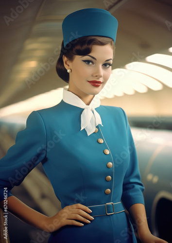 Retro 1960's pin up style postcard of stewardess woman in airplane in blue clothes