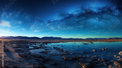 A panoramic view of a starry night sky in the Atacama Desert, Chile, capturing the Milky Way and other celestial bodies, with an emphasis on clarity and depth of field © Orxan