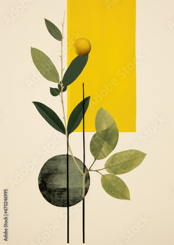 Minimalistic collage of orange tree, yellow suare and dark circles on neutral gray background. Surreal collage-style paintings photo
