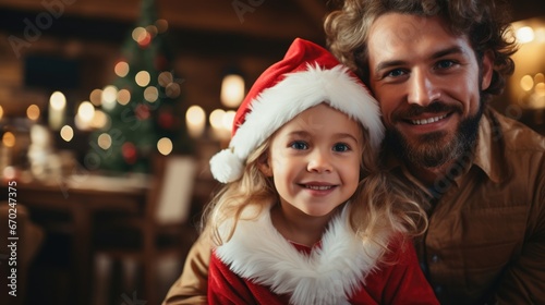 A father and daughter celebrate Christmas eve together at home.