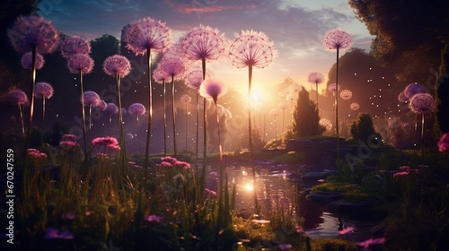 An Aurora Allium garden bathed in the warm light of sunrise, in mesmerizing