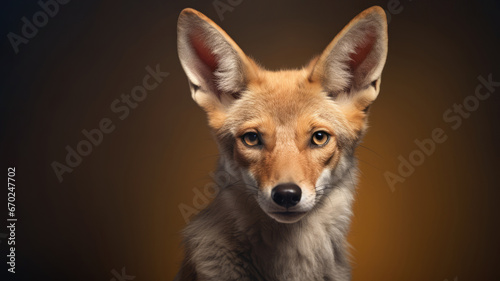 Advertising portrait, banner, redhead jackal with ears up, looks straight, isolated on pure background