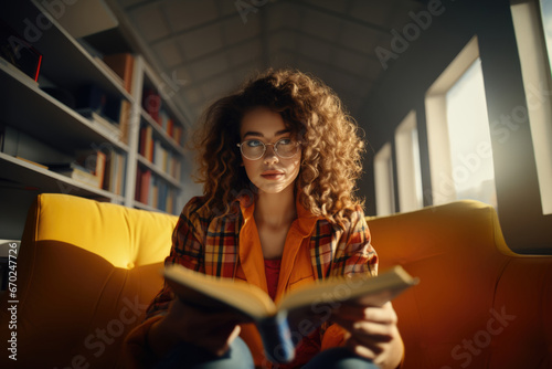 Young woman with curly dark hair reading book, sitting on yellow sofa in the library, bookshelves on the background, nerdy aesthetic, portrait photography