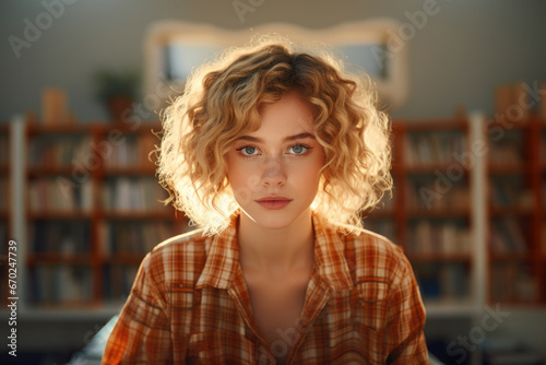 Young woman with curly hair in white shirt reading book in bright modern library, nerdy aesthetic, photography