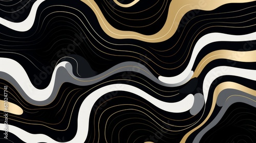 Bold-Graphic Geometric Seamless Pattern with Organic Fluid Lines on Black Background