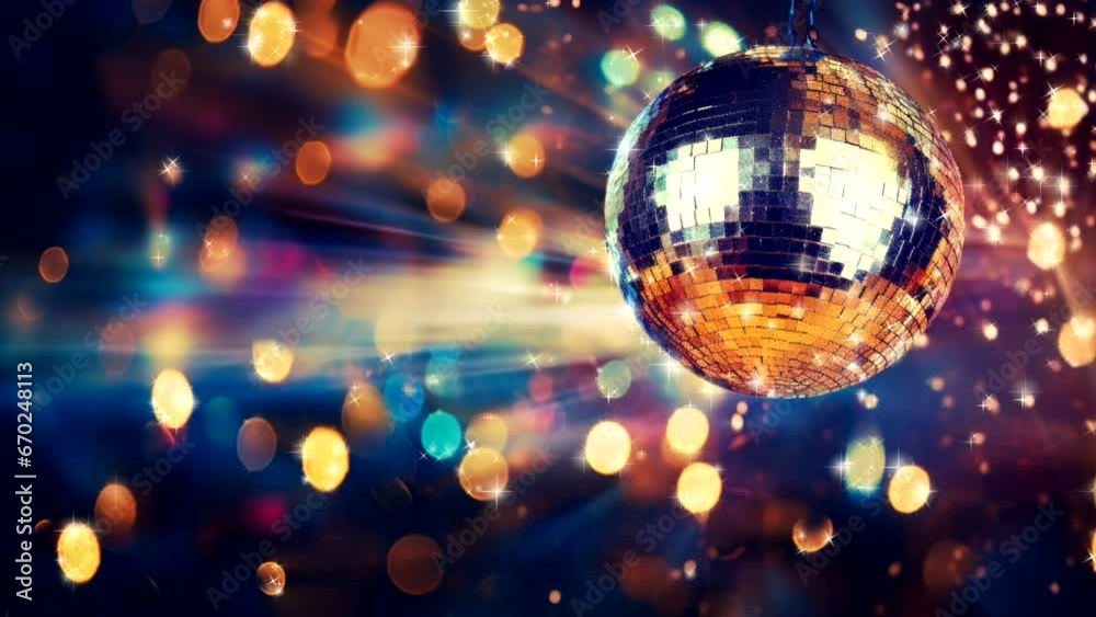 A spinning disco ball. Moving colorful background. Looped animation. Minute