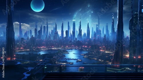 An awe-inspiring extraterrestrial cityscape at night, illuminated by luminescent architecture.