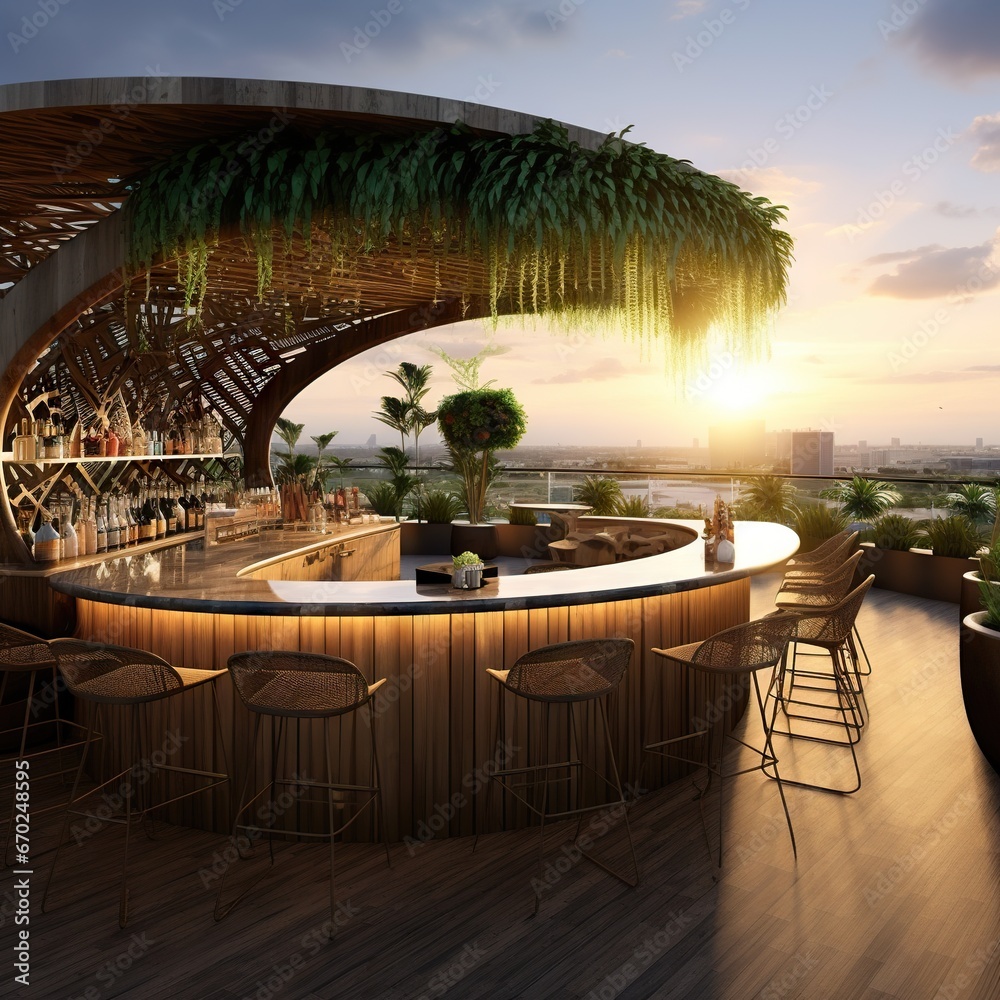 an oasis beer garden on a rooftop with a curved modern bar counter using onyx stone 