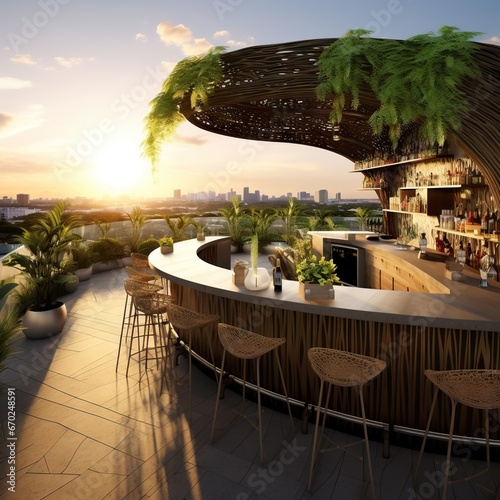 an oasis beer garden on a rooftop with a curved modern bar counter using onyx stone 