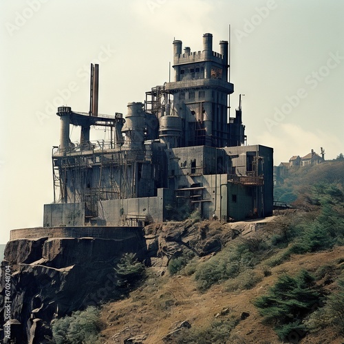 Anachronistic brutalist Castle on a hill overlooking a medieval village  photo