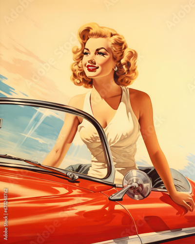 Retro 1960's pin up style postcard of smiling woman driver in white dress and red old cabriolet