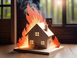 wooden house on fire, fire, fire safety concept