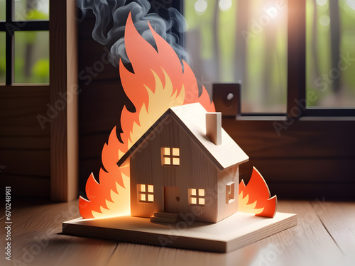 wooden house on fire, fire, fire safety concept